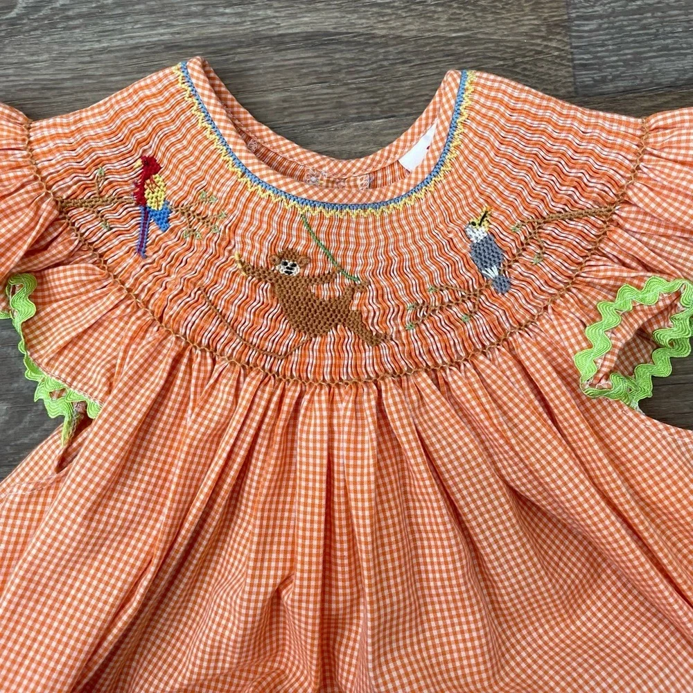 Mom & Me Smocked Orange Gingham Embroidered Fall Dress Girls Size 4